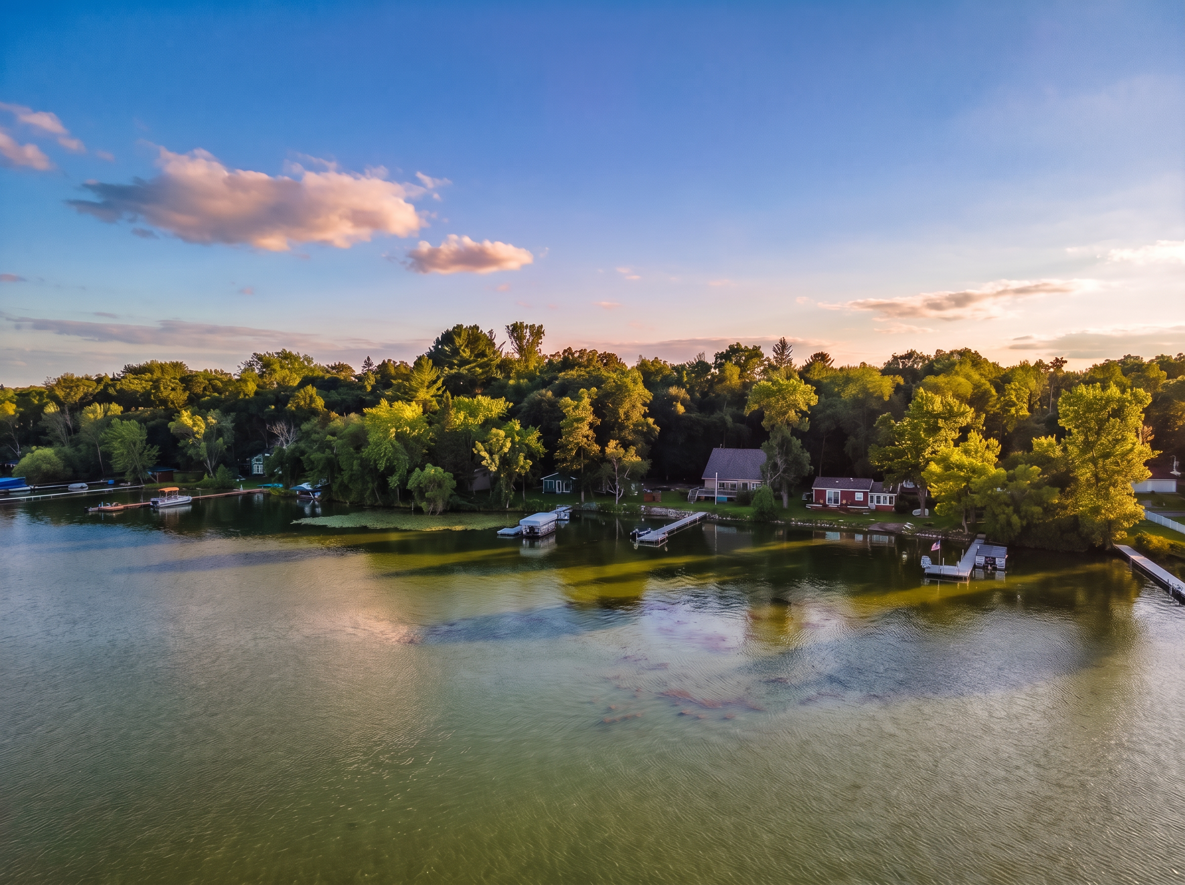 Aerial lake property at sunset